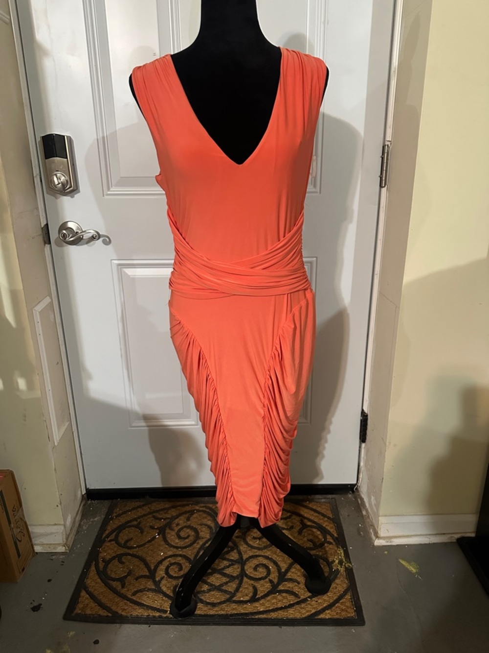 Goddess Coral V-Neck Ruched Midi Dress